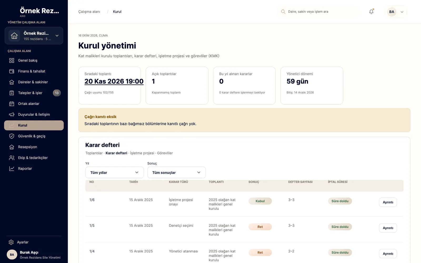 Kurul yönetimi ekranı: sıradaki toplantı, açık toplantılar ve yönetici dönemi kartları; karar defteri tablosu.