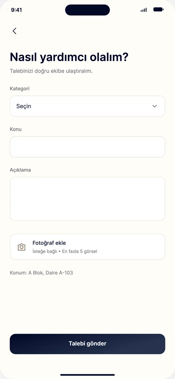 Sakin uygulaması yeni talep formu: kategori, konu, açıklama ve fotoğraf ekleme alanı.