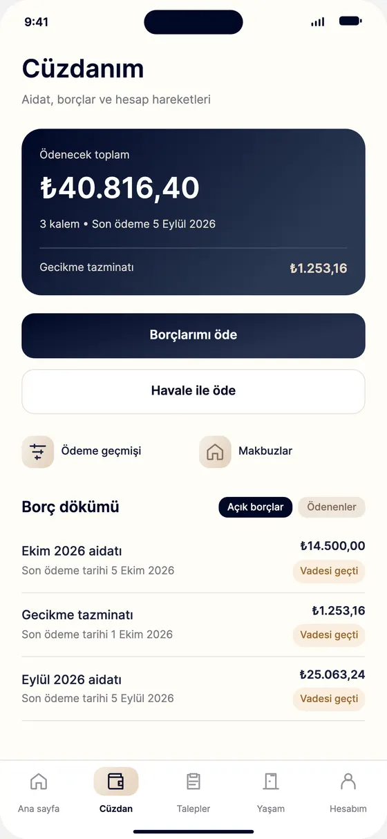 Sakin uygulaması cüzdan ekranı: ödenecek toplam, kartla ve havale ile ödeme düğmeleri, borç dökümü.